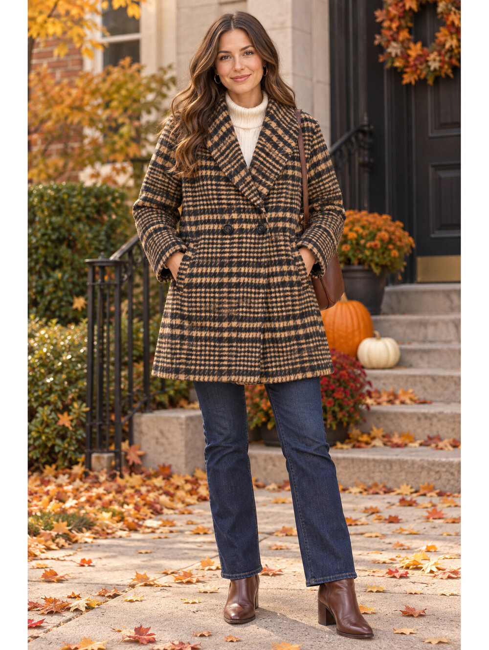 Avec Les Filles Overcoat Womens L Tan Plaid Wool Blend Double Breasted Classic